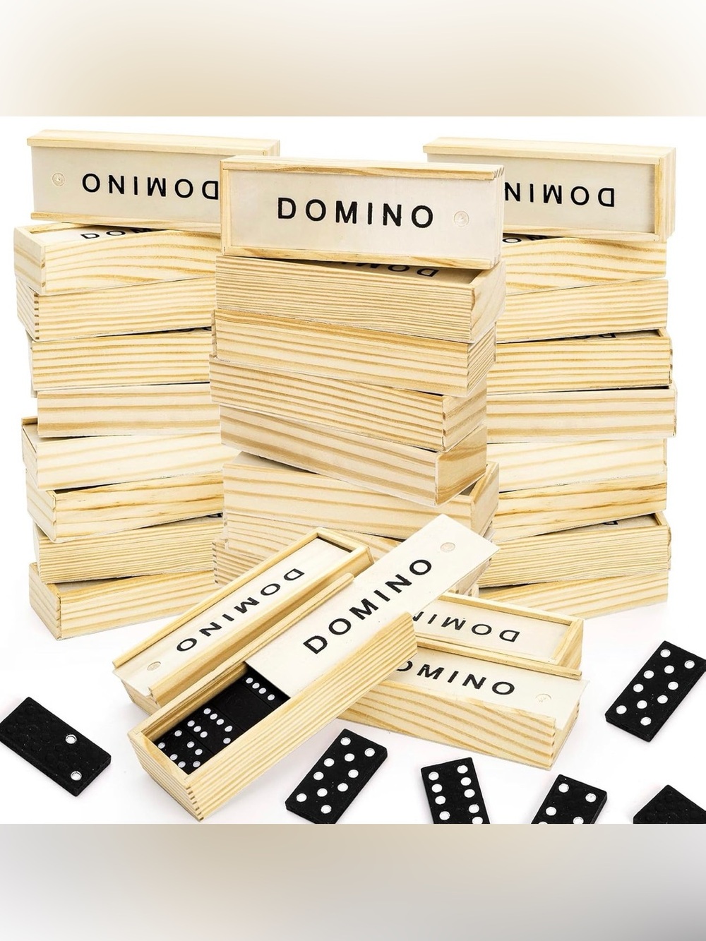 Wooden Domino Travel Set W Natural Pine Box - Classic Black Tiles (BUNDLE OF 5)